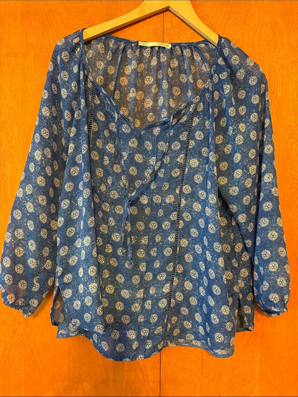 Maurices Blue Printed Tie-Front Peasant Blouse